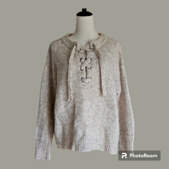 Cliché Wool Blend Oatmeal Lace-up Sweater size L EUC - Picture 1 of 8